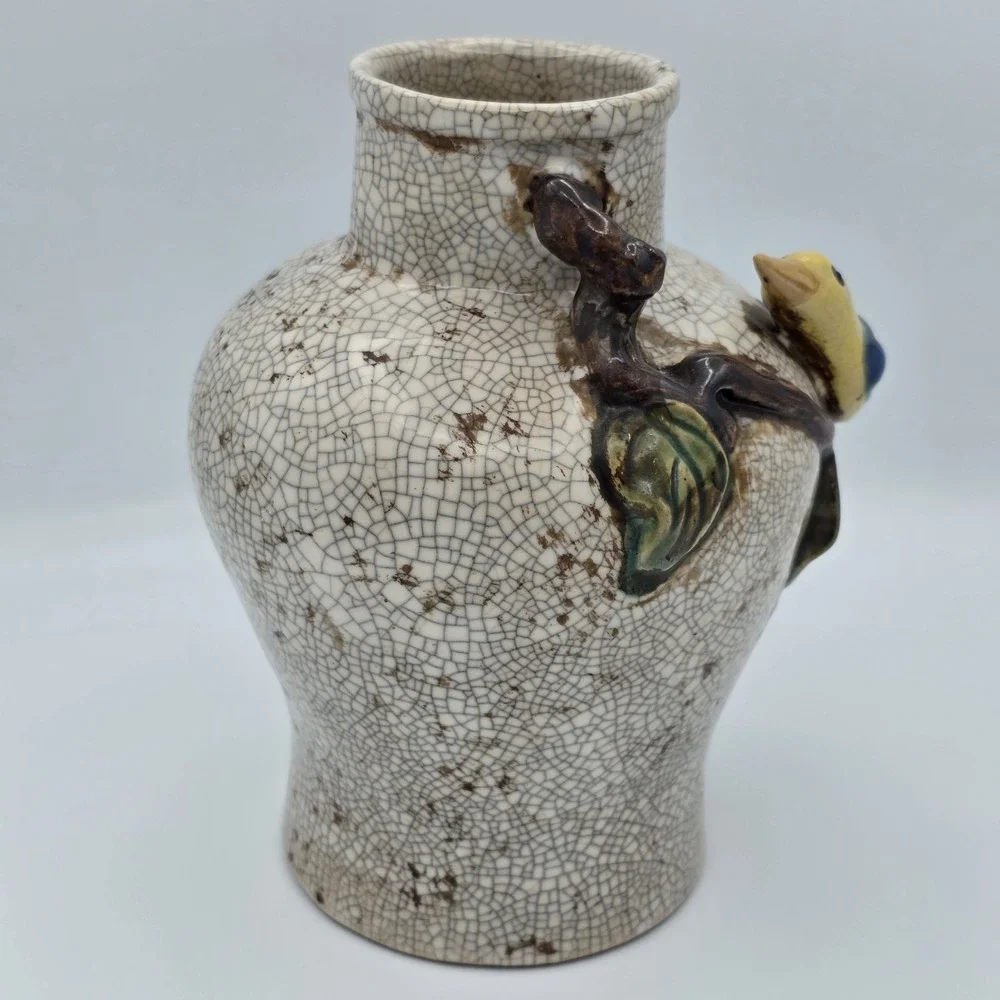 Antique French Barbotine Craquelure Ceramic‎ Vase Bird Olive Branch 19th-20th C